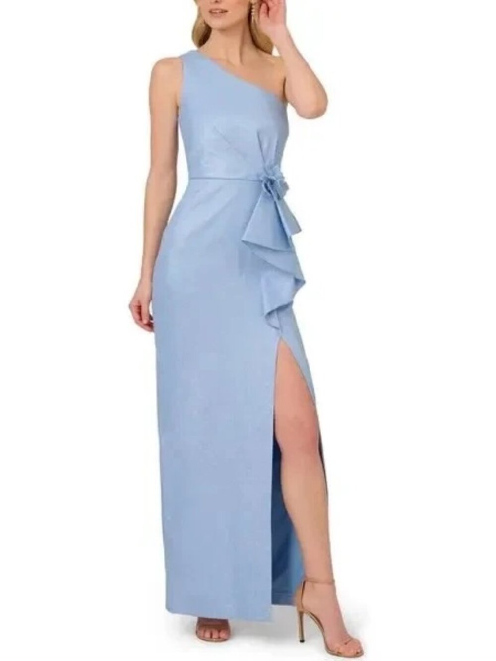 Adrianna Papell Bluebell Silver Metallic One-Shoulder Gown